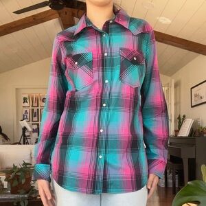 Wrangler Plaid Western Snap Button Shirt Women's Medium Pink Teal